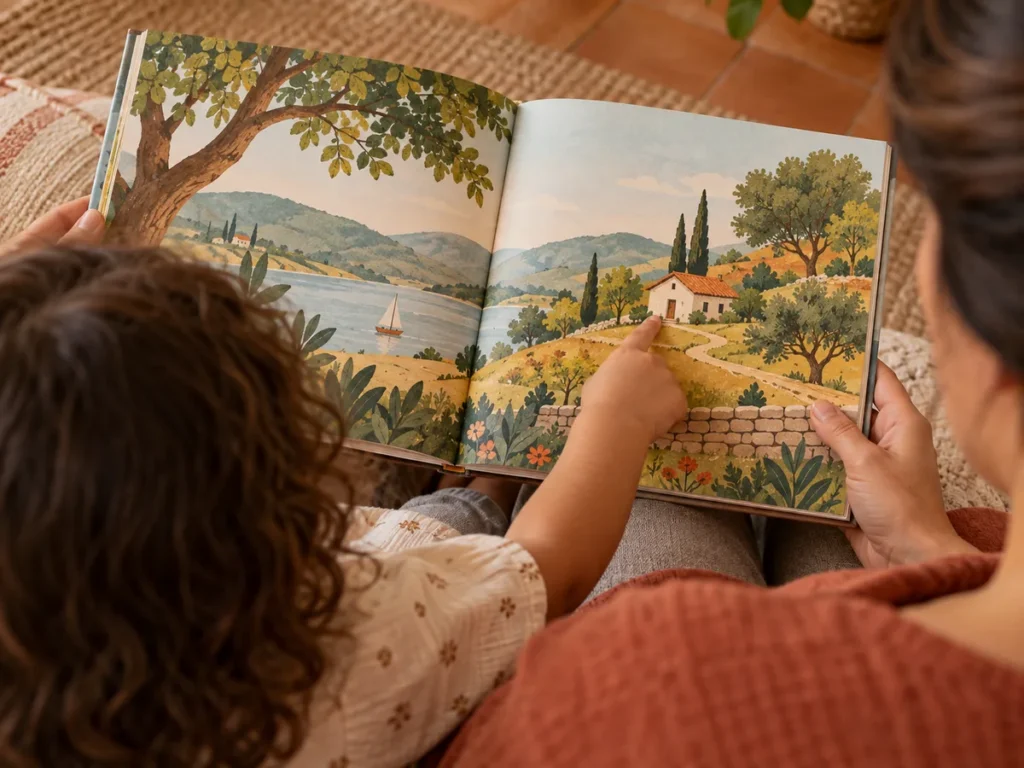 Criança apontando um detalhe na ilustração de uma paisagem com lago, barco e casa, em um livro aberto seguro por um adulto.