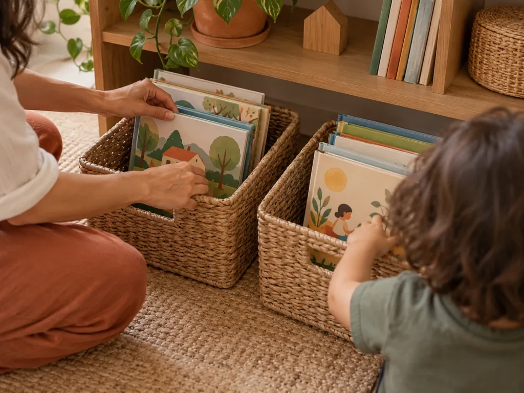 Adulto e criança organizando livros infantis em dois cestos de fibra natural