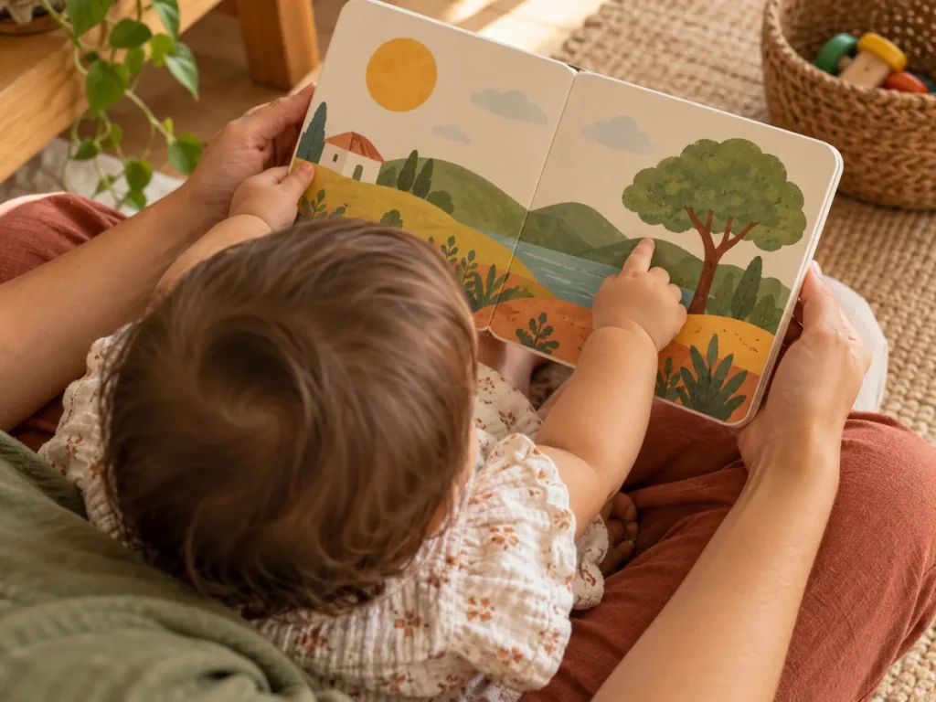 Bebê no colo de um adulto tocando as páginas grossas de um livro cartonado com uma paisagem ilustrada.