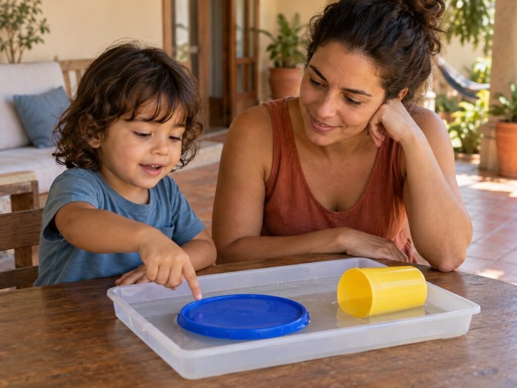 Criança brincando com água em uma bandeja rasa sobre a mesa, com a mãe ao lado