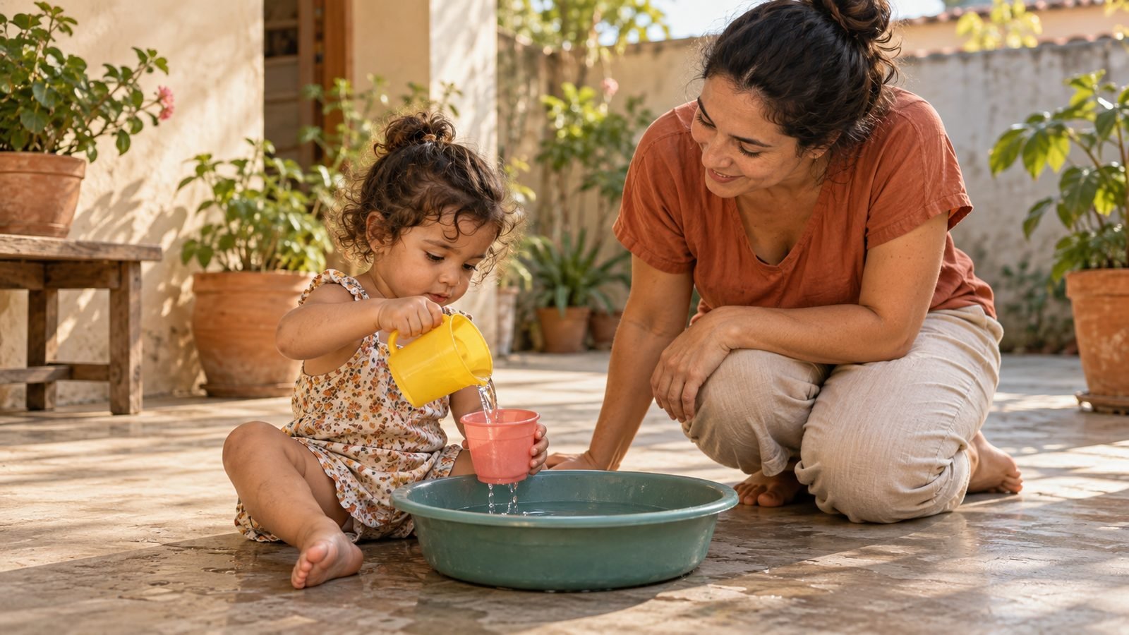 Menina brincando com água no quintal, passando água de um copo para outro com a mãe ao lado