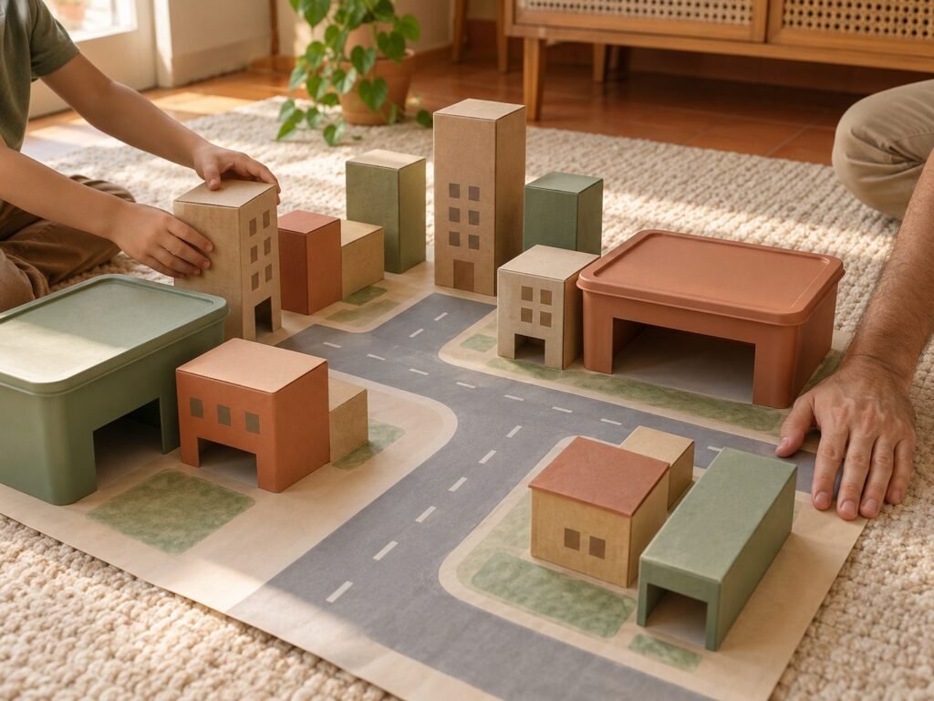 Mãos de criança montando uma cidade com caixas de papelão e potes plásticos sobre um mapa de papel