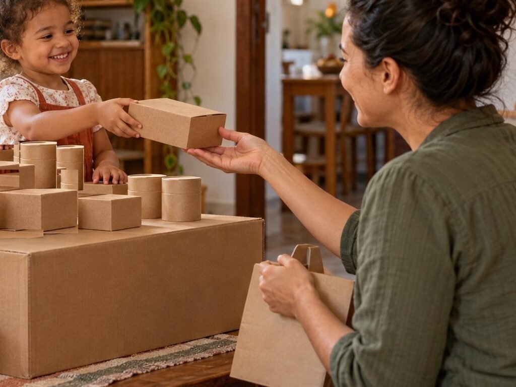 Menina brincando de lojinha com balcão de caixa de papelão e potinhos de papelão, entregando uma caixa para a mãe