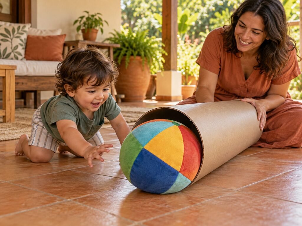 Criança engatinhando atrás de uma bola macia que sai de um túnel de rolo de papelão segurado pela mãe
