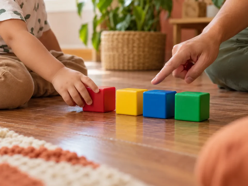 Mão de criança e mão de adulto contando quatro blocos coloridos enfileirados no chão