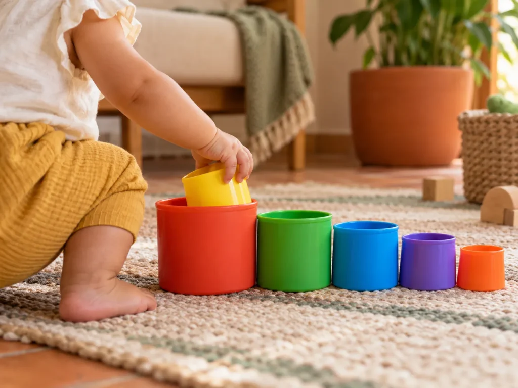 Bebê encaixando um copo amarelo dentro de copos de empilhar coloridos em ordem de tamanho