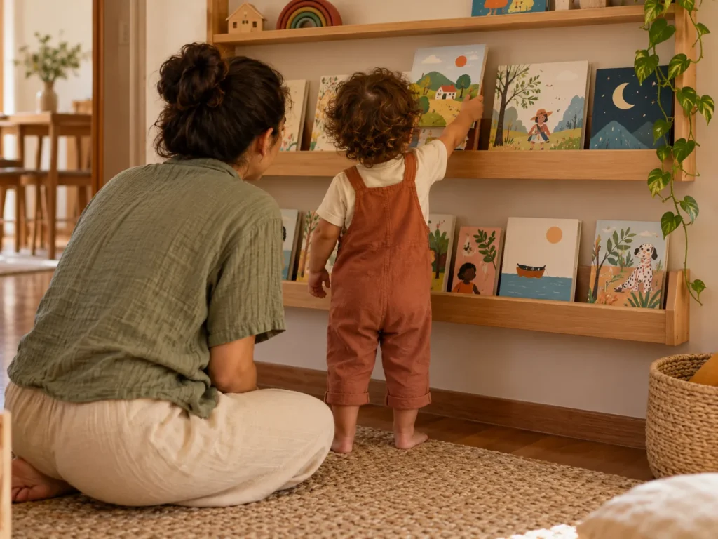 Criança pequena alcançando um livro numa prateleira baixa de parede, com adulto sentado no tapete