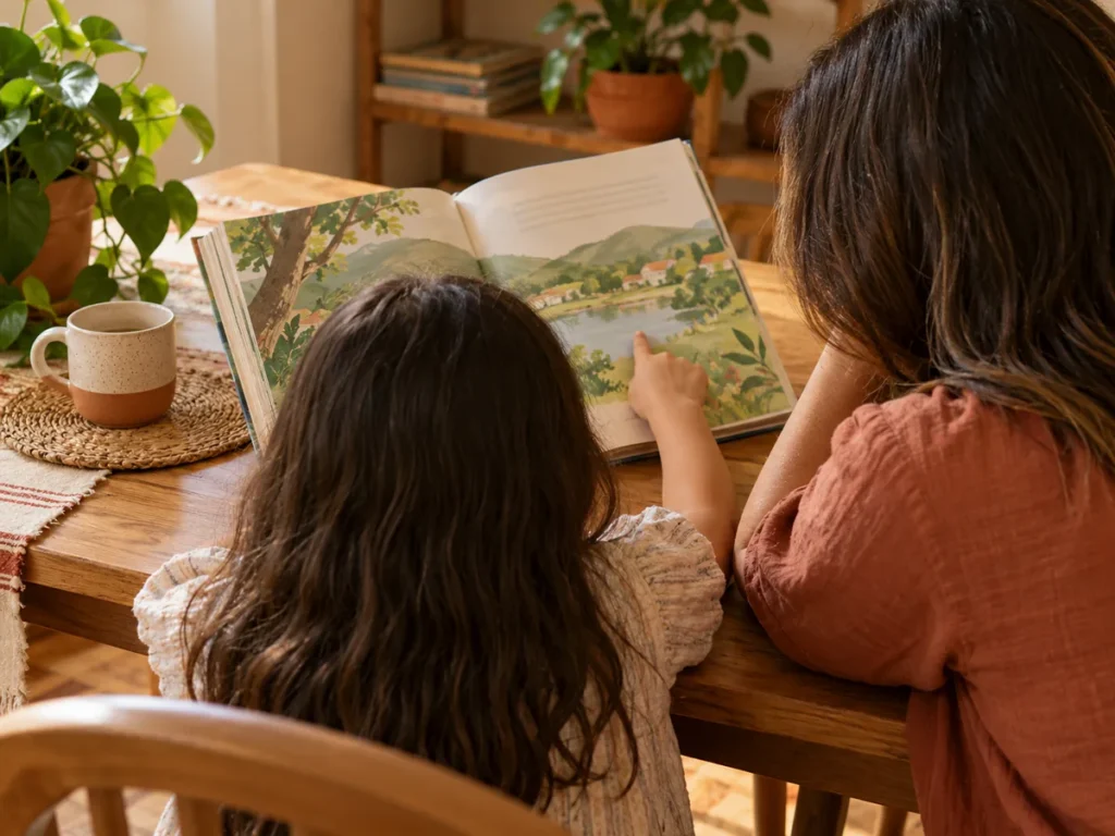 Criança sentada à mesa apontando para a página de um livro ilustrado, com um adulto ao lado acompanhando a leitura.