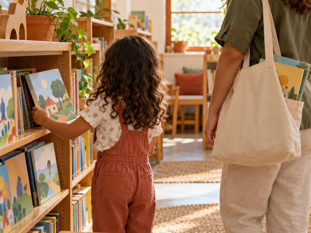 Criança escolhendo um livro na estante de uma biblioteca, ao lado de um adulto com bolsa de tecido