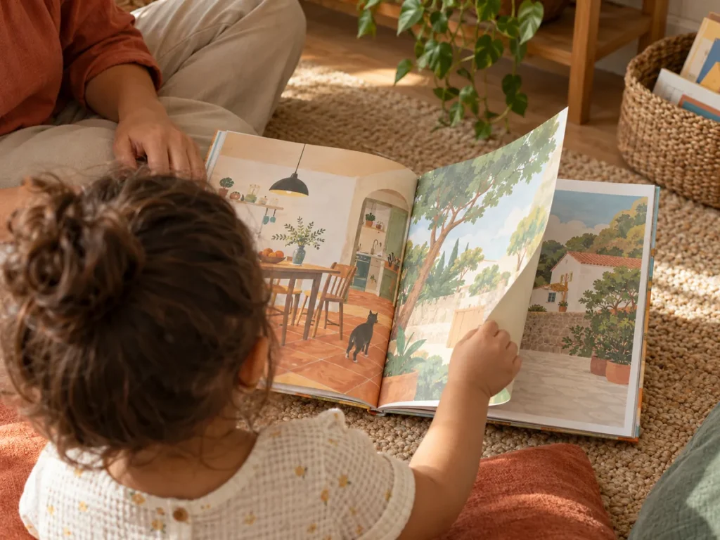 Criança pequena sentada no tapete virando a página de um livro ilustrado com um gato, ao lado de um adulto.