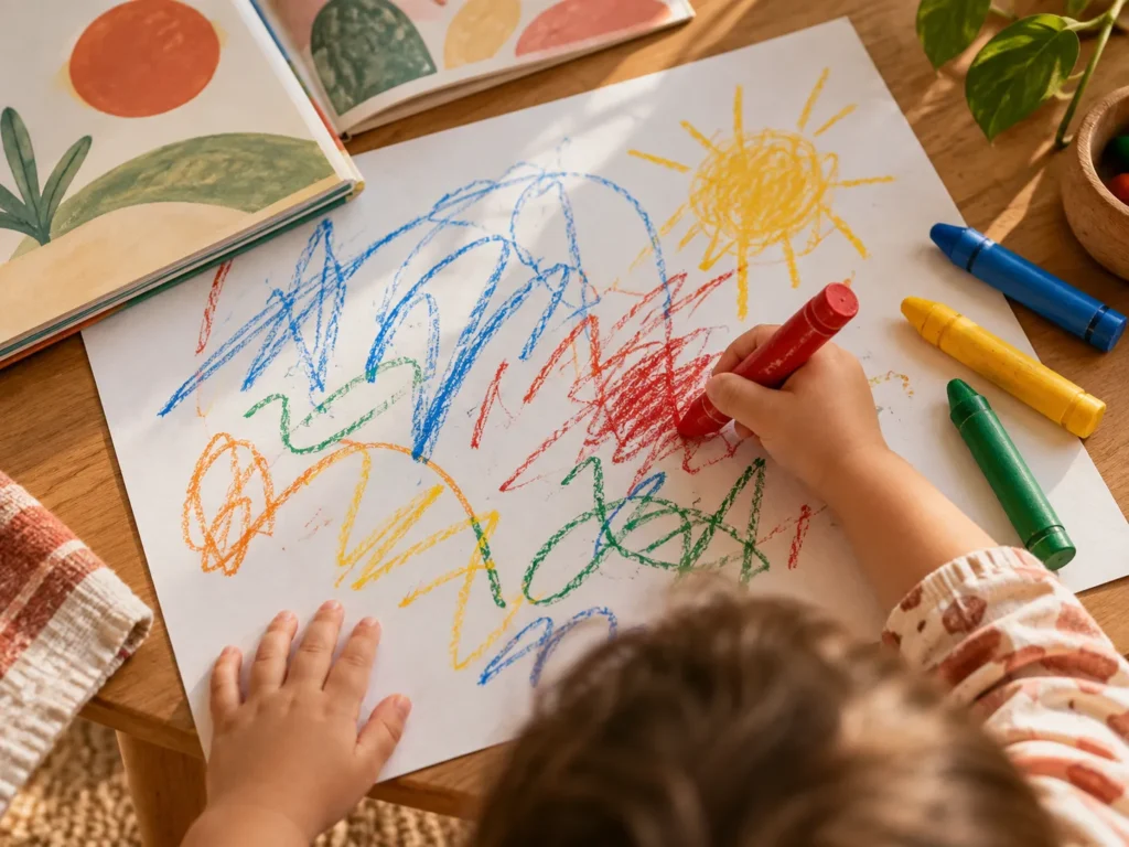 Criança pequena rabiscando com giz de cera colorido em uma folha grande sobre a mesa