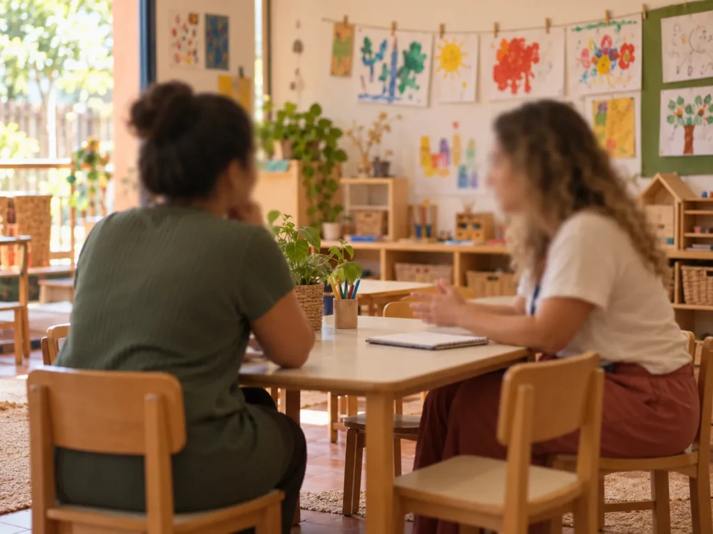 Familiar e professora conversam em uma sala de Educação Infantil