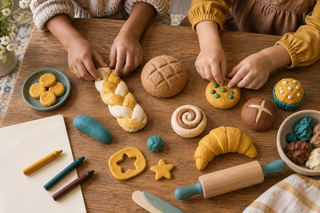 Mãos de criança moldando massinha em formato de pães e doces, como em uma padaria de faz de conta