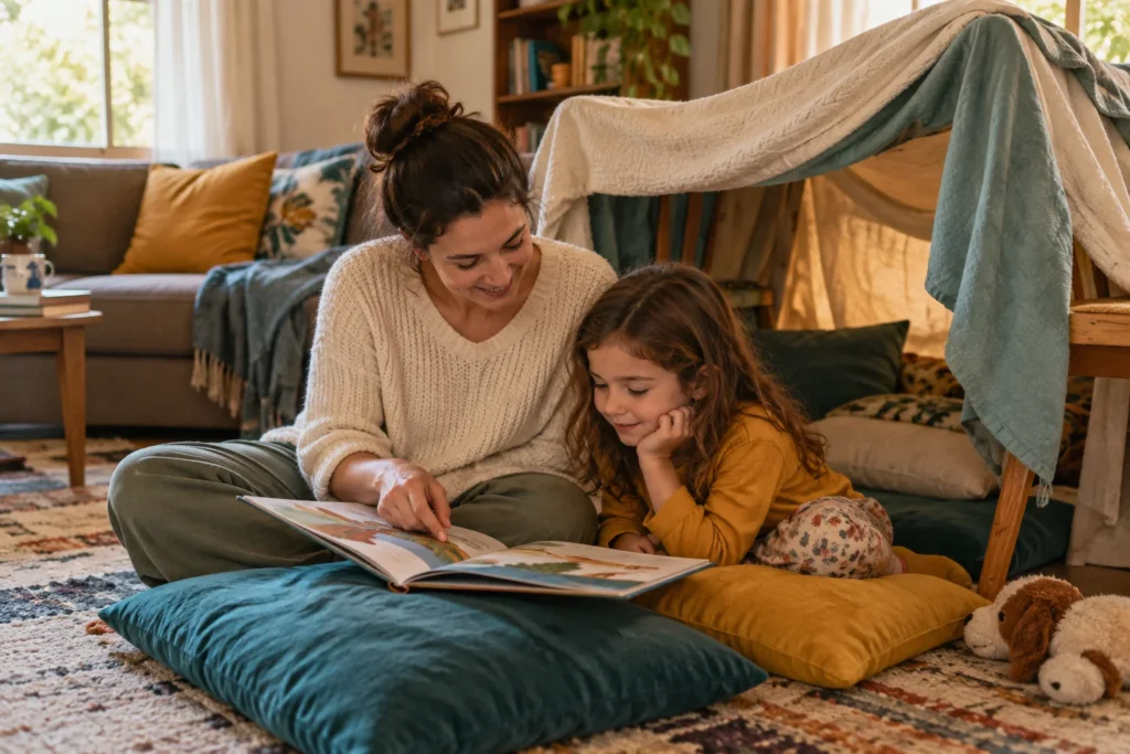 Mãe e filha lendo um livro juntas dentro de uma cabana feita de lençol