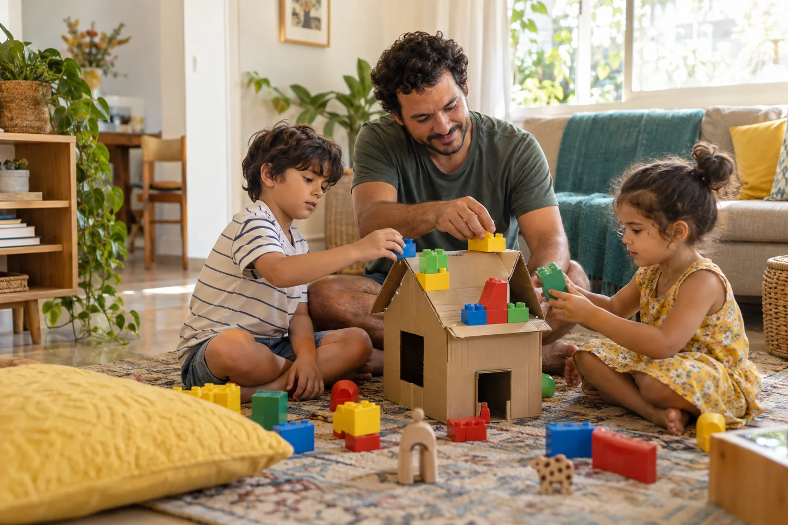 Pai e dois filhos brincando com blocos de montar e construindo uma casinha de papelão