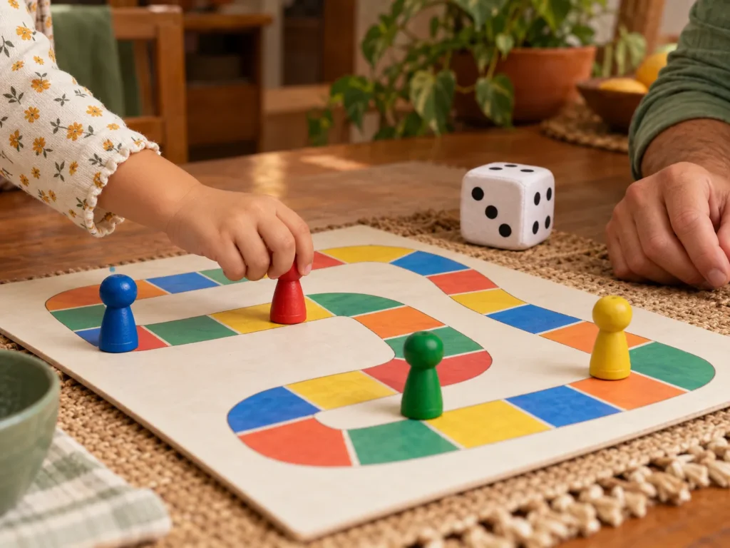 Mão de criança movendo um peão em um jogo de percurso colorido, com um dado de pelúcia ao lado