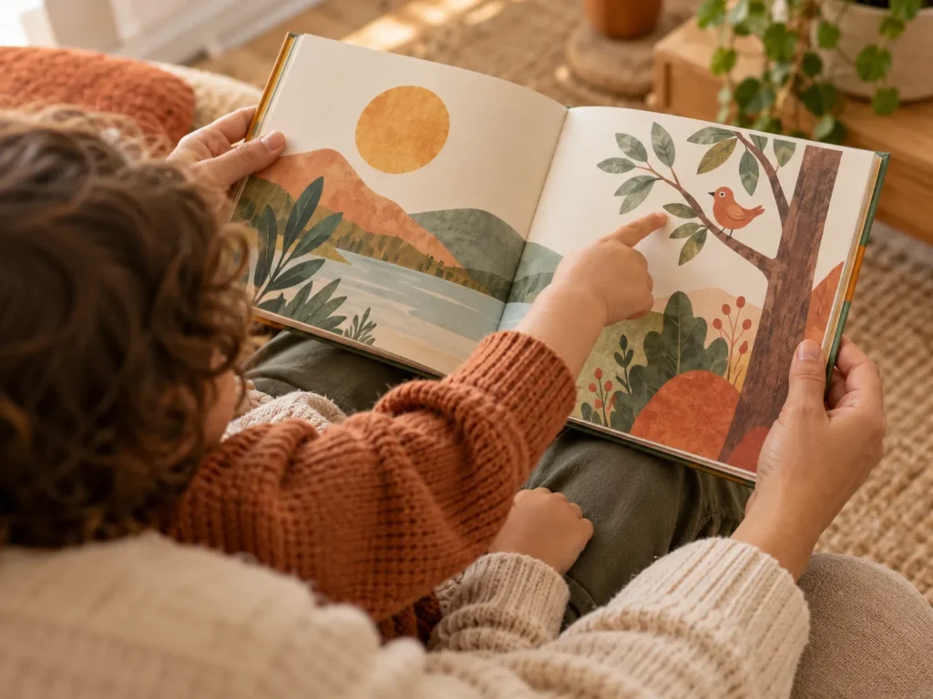 Criança no colo de um adulto apontando para um pássaro na ilustração de um livro aberto