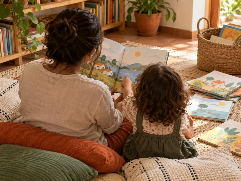 Criança em idade pré-escolar sentada em almofadas ao lado de um adulto que lê um livro ilustrado, com outros livros infantis espalhados no tapete.