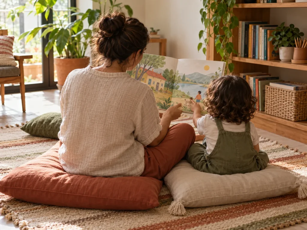 Adulto e criança sentados em almofadas no chão lendo um livro ilustrado