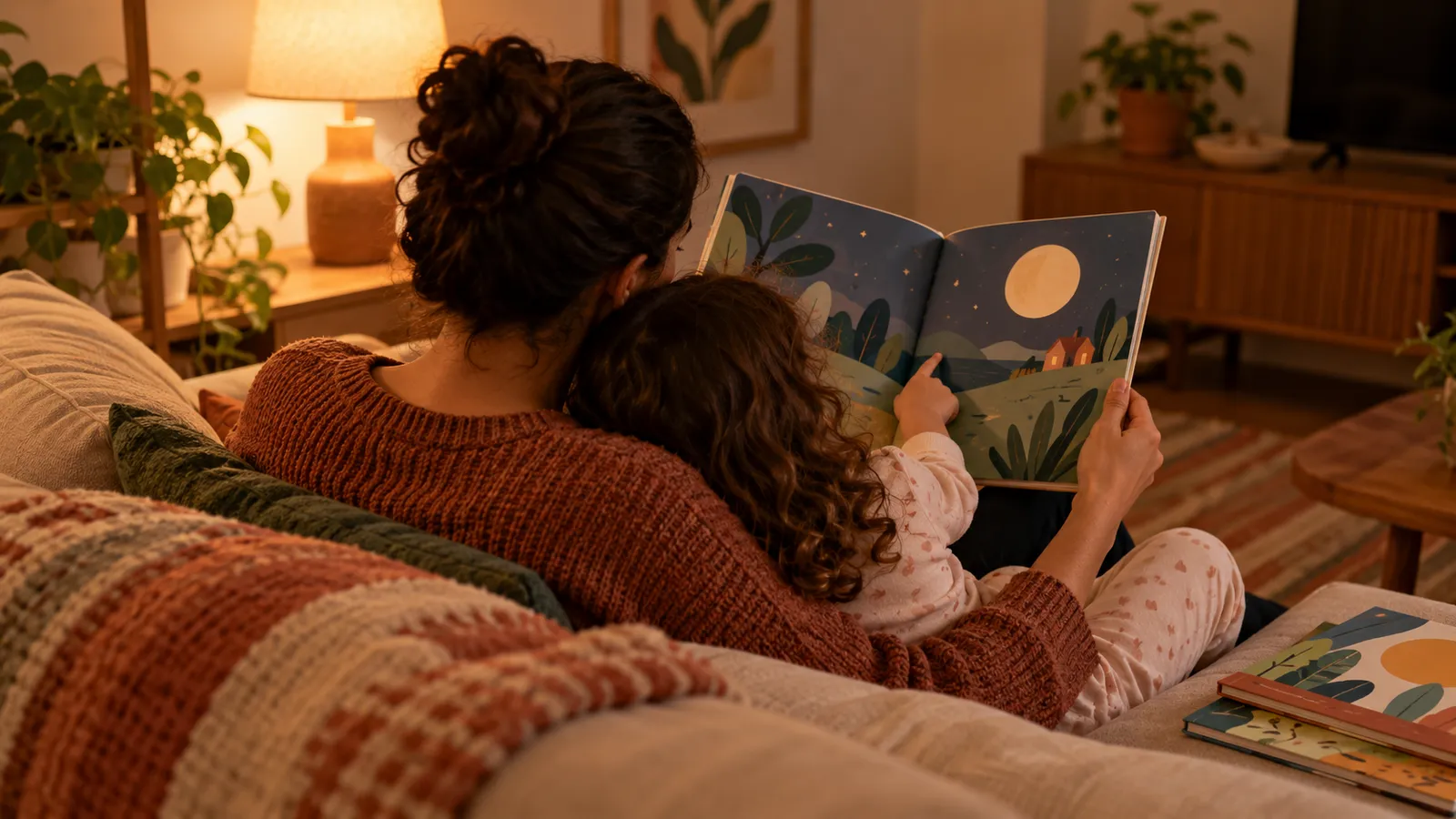 Mãe e filha abraçadas no sofá lendo um livro ilustrado à noite, com luz de abajur