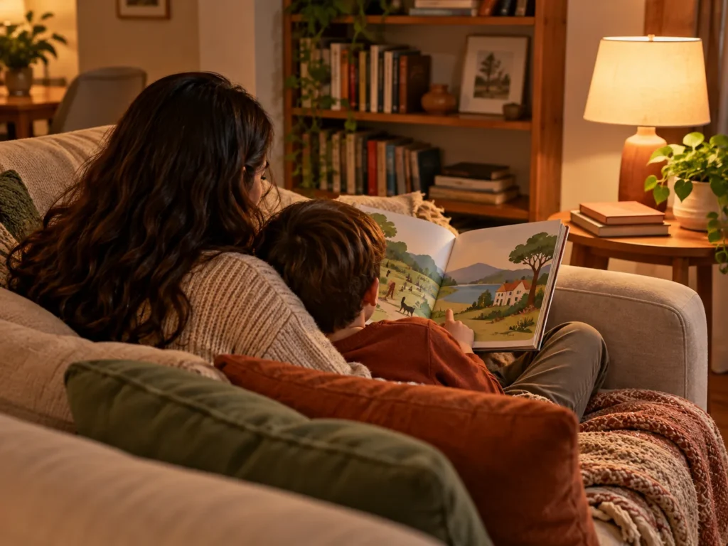 Adulto e criança lendo um livro ilustrado no sofá à noite, com luminária acesa ao lado