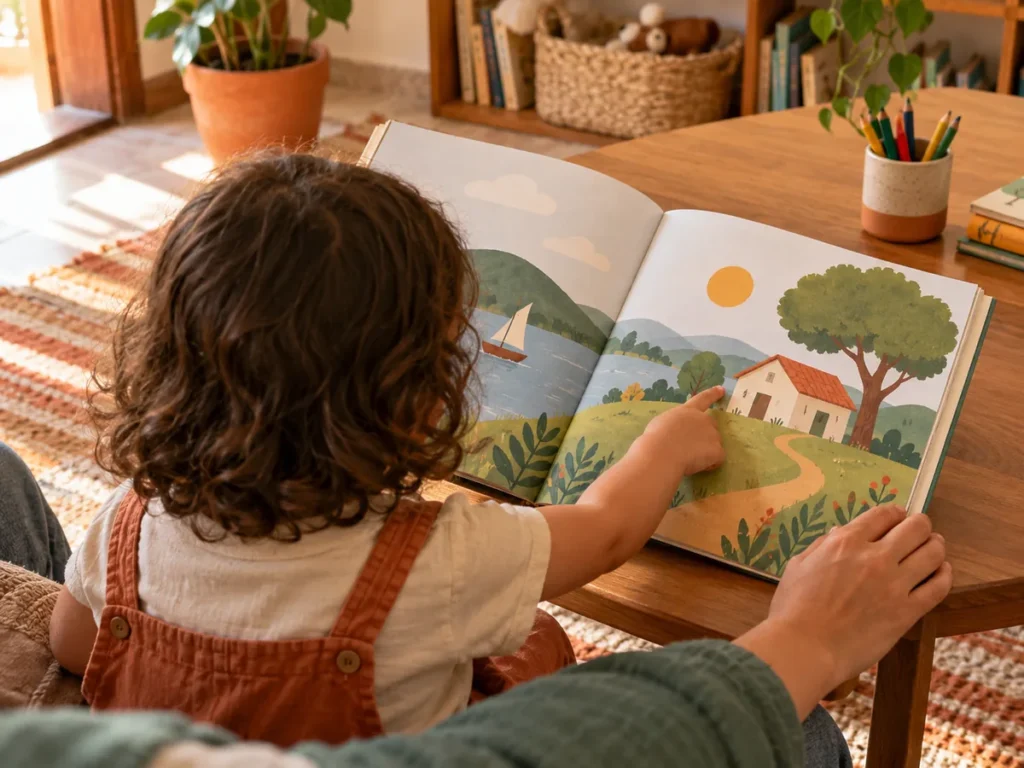Criança de costas apontando para a ilustração de uma casa à beira de um lago em um livro de imagens sem texto, aberto sobre a mesa.