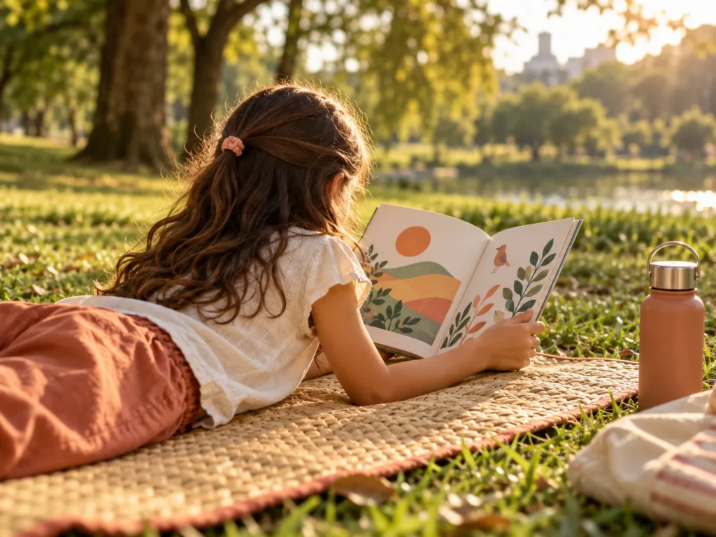 Menina deitada em uma esteira no gramado de um parque lendo um livro ilustrado