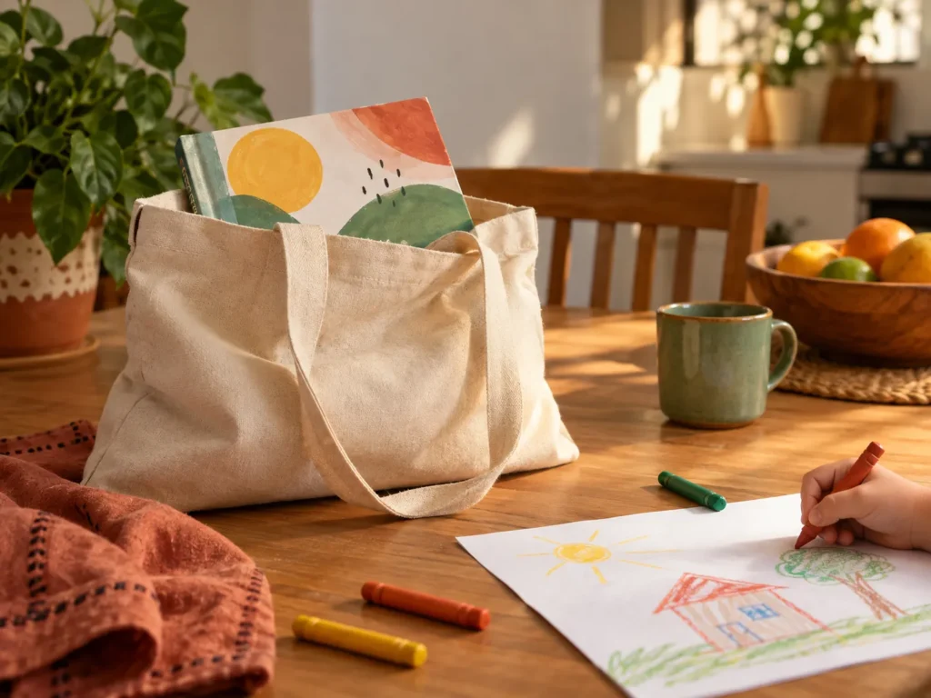 Sacola de tecido com um livro ilustrado sobre a mesa da cozinha, ao lado de uma criança desenhando