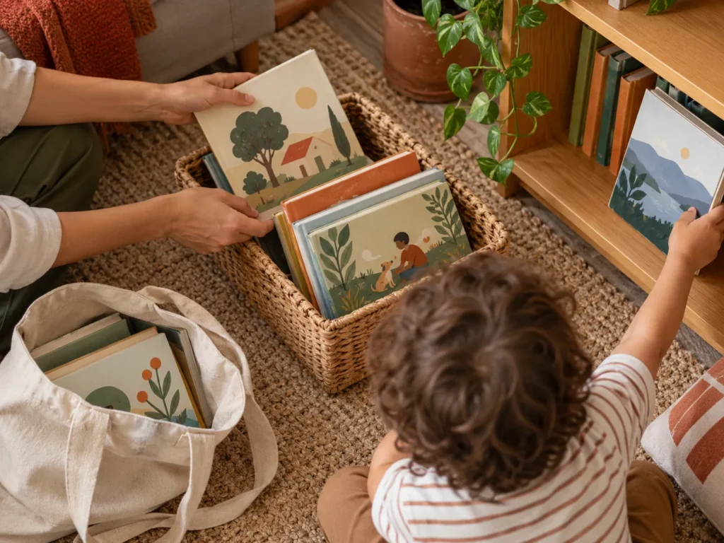 Adulto e criança separando livros entre um cesto, uma bolsa de tecido e a estante