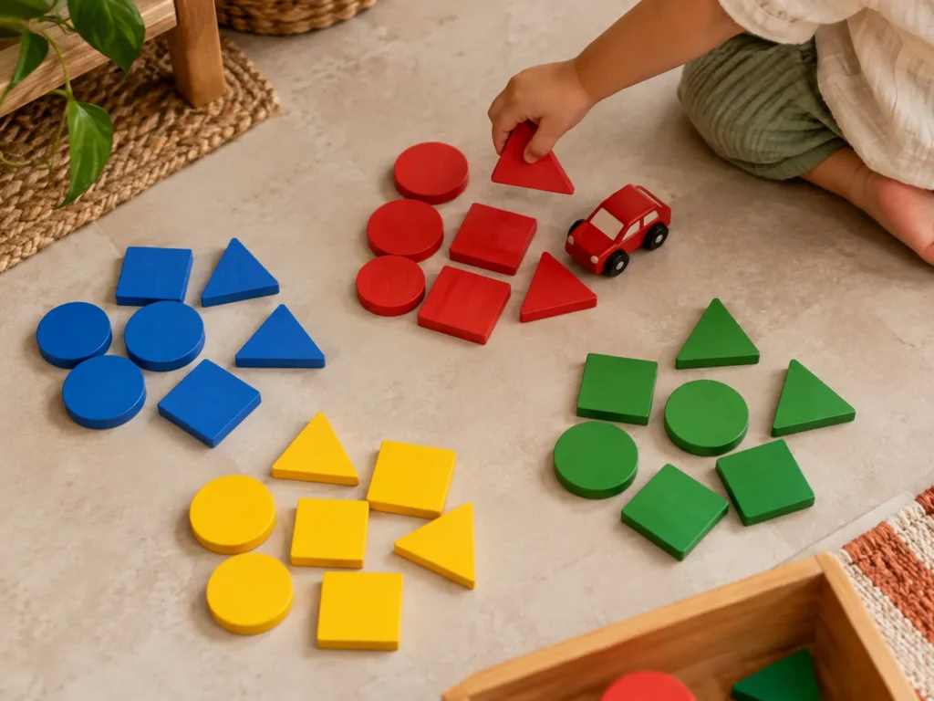 Peças de formas geométricas separadas por cor no chão, com um carrinho vermelho junto das peças vermelhas